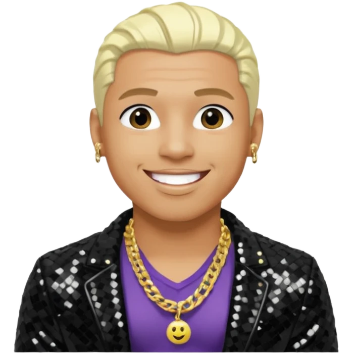 Sisqó with platinum blonde hair, black sequin jacket, shirtless with necklace emoji