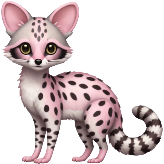 Pastel White with pastel Pink-spotted genet-Trico-Vernid-Cacomistl-Fakémon-hybrid-fusion-creature (full body) emoji