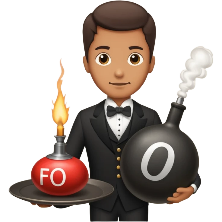 A butler holding an old-fashion bomb on a plater with the letters “FO” on the side emoji