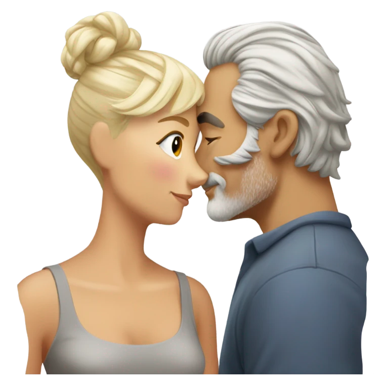 Handsome greying man manbun kissing blond athletic woman with pixie cut emoji