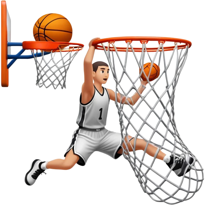 Basketball stretching the net as it goes through, dynamic action shot, iOS emoji style emoji