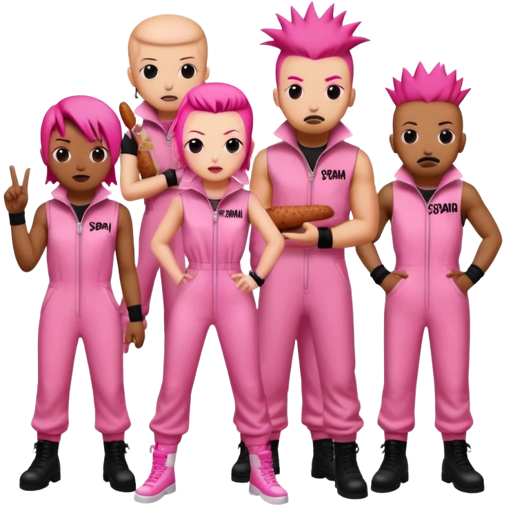 punk artists in pink jumpsuits protesting for spam meat is art emoji