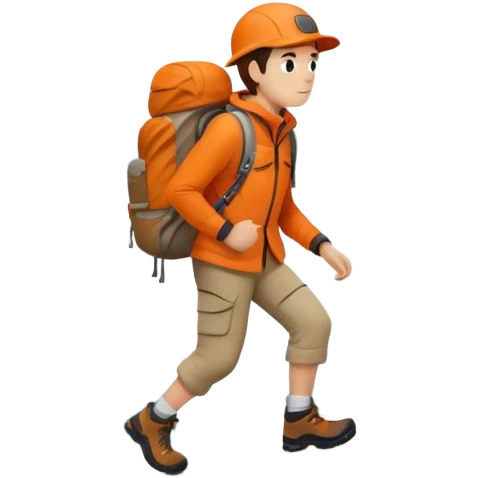 Hiker in orange jacket with backpack climbing mountain trail, minimalist design emoji