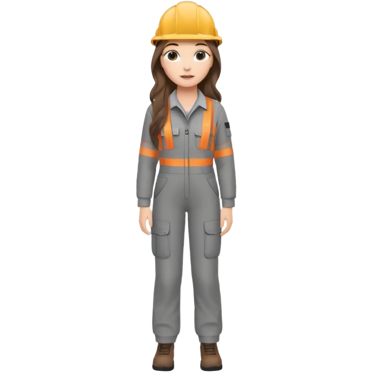 a young woman in a gray construction suit. Long brown hair down to her waist. Full-length. She has fair skin. Plucked lips. Eyelash extensions. emoji