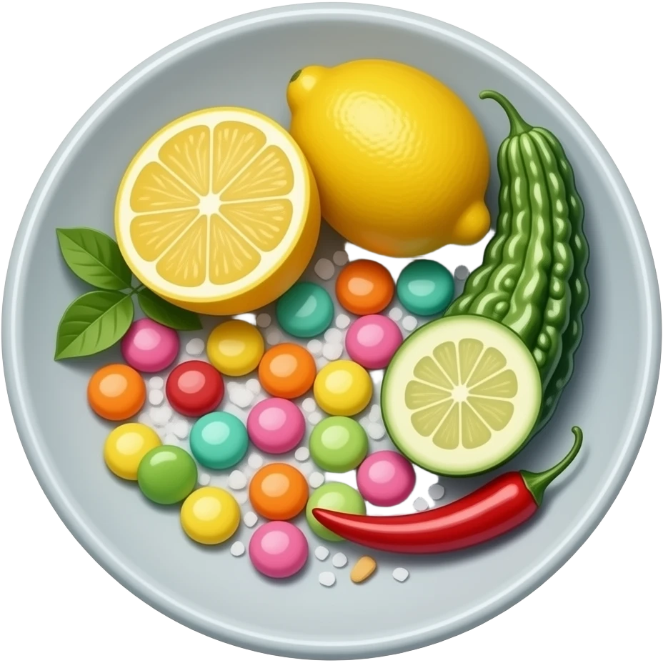 generate an emoji with different tastes (represnted by: 🍬🍋  , bitter gourd, 🌶️🧂) scattered in a bowl messily. emoji