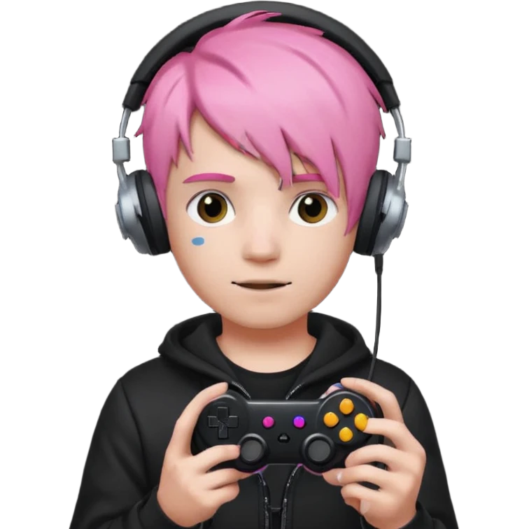 pink haired boy with headphones holding all black game controller emoji