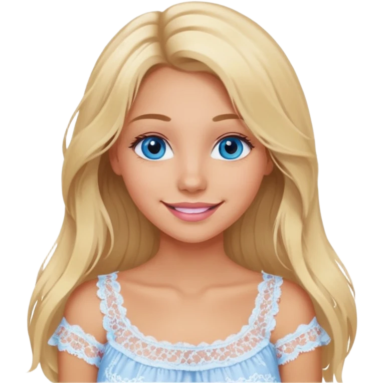 create an emoji of a young woman, tanned face, smile. she has an innocent natural look, very messy extremely long blonde hair, blueeyes, natural soft pink lips. she wears a very loose very white lacy top emoji