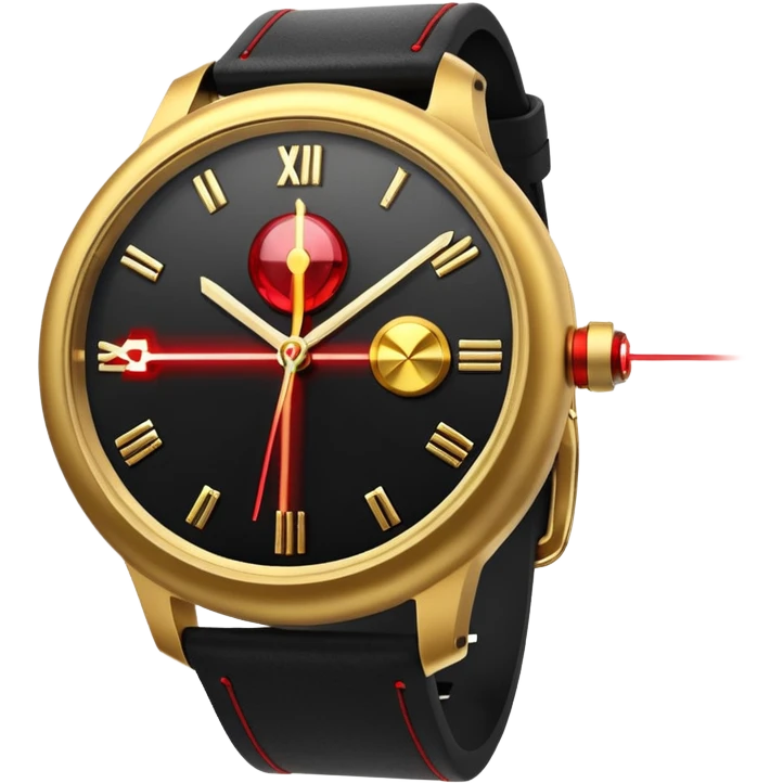 3D render of Laser Watch, secret agent spy gear aesthetic, hidden mechanisms, gold luxury wristwatch emitting a tiny red laser beam, sleek tactical texture, Apple emoji style, isolated on white background --v 6.0. emoji