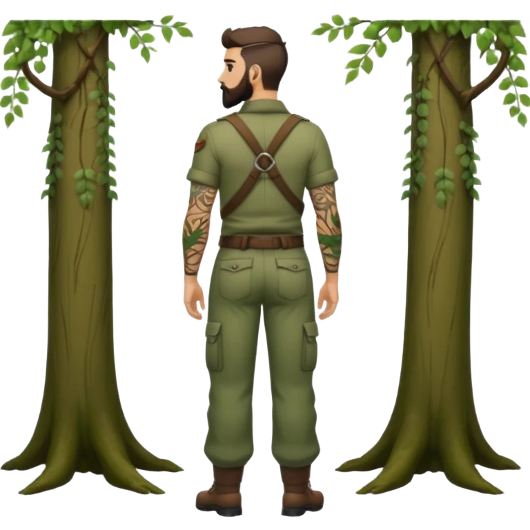 full body ranger style man, medium beard, from behind, low waist forest trousers, vine tattoos across back emoji