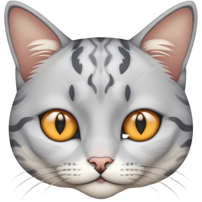 It's a white gray mixed cat with a gray pattern on its head like a 5:5 part. Its eyes are amber emoji