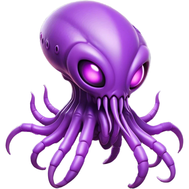 Clash of Clans aesthetic: Cinematic fierce Zerg Alien Emoji, rendered in a 3D vector-style similar to standard emojis with minimal shading and bold, simplified shapes. A compact, isometric, otherworldly creature with insectoid, organic details and subtle, eerie tentacles, softly glowing with a sinister alien charm. Simplified yet unmistakably iconic, highly detailed and consistent, glowing with a soft, spectral radiance and high shine. Stylized with a touch of bio-engineered mischief and a soft glowing outline, capturing the essence of a fearsome extraterrestrial menace with a playful twist! emoji