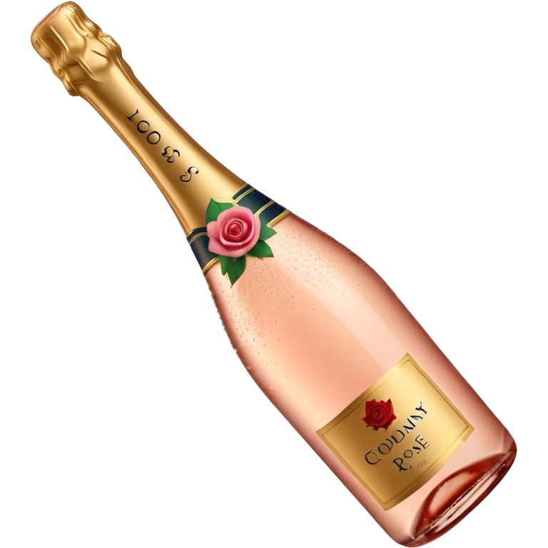 bottle of sparkling rosé champagne with a rose logo on the label, with the cork popping out from the top, tilted up and to the left, no glass emoji