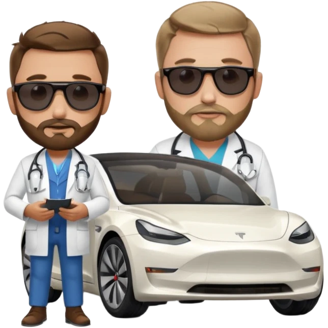 White tesla model 3 and one cool physician with dark blond hair, beard, stetoscope and dark sunglasses next to it emoji