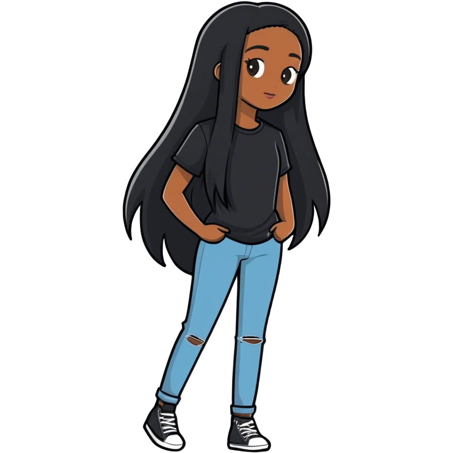 Black girl with black long straight hair wearing a black shirt  emoji
