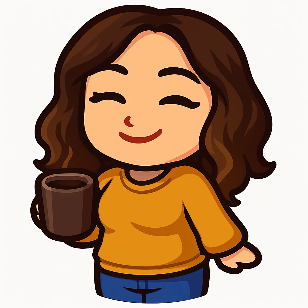 Sticker style chibi emote, matching the attached green heart emote as a base, but with a slightly skinnier body and a bigger chest. Woman from reference, yellow sweater and blue jeans, holding a coffee mug, cute cozy face, no headband, no wand, no green heart, transparent background. Top color should not match jeans. emoji