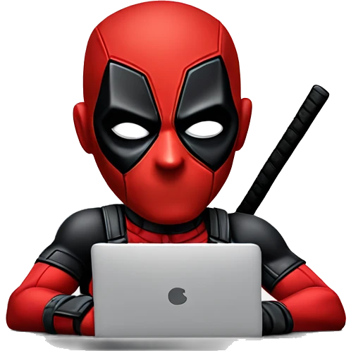 Cute Deadpool sitting at a desk, front view emoji