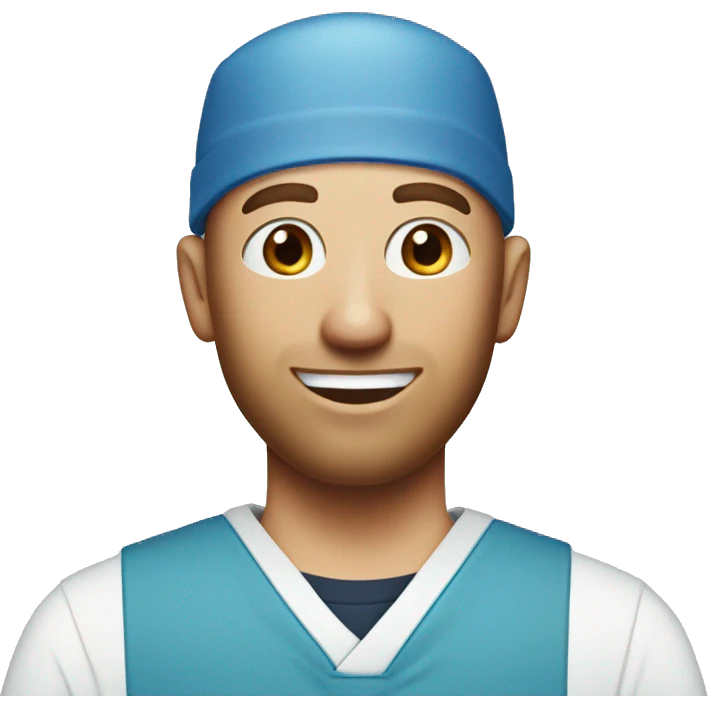 bald man, blue eyes, smiling with red patchy beard blue eyes wearing scrubs emoji