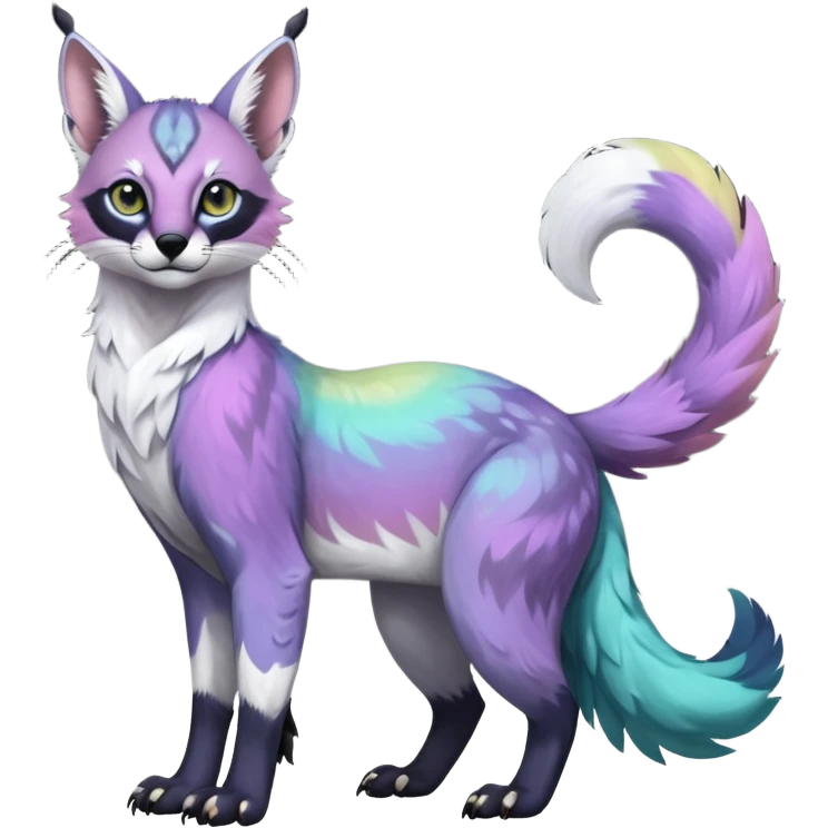 Colorful dark tropical iridescent pastel white glorious divine exotic cute cool beautiful shiny beautiful fantasy-caracal-civet-genet-sergal-vernid-Gryphon-Cacomistle-Trico-oncilla-animal-Fakémon-hybrid-fursona (full body) emoji