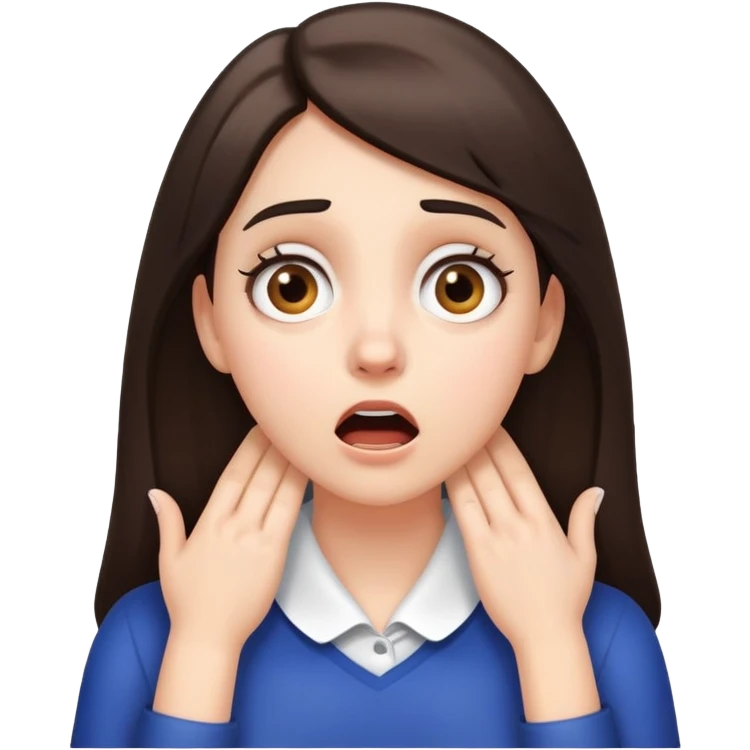 white brunette girl hands on her neck and shocked face emoji
