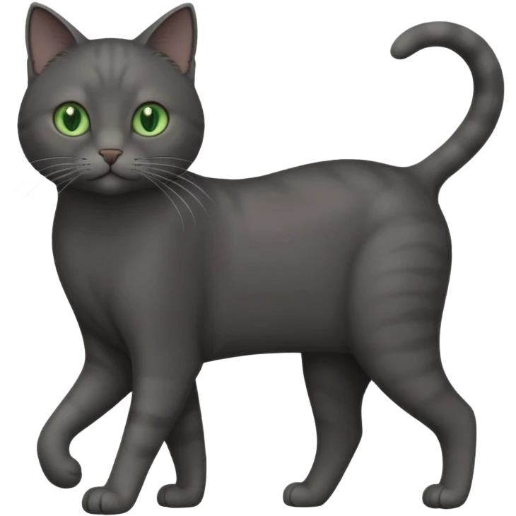 full body gorgeous solid dark grey cat with green eyes, white paws and white whiskers walking emoji