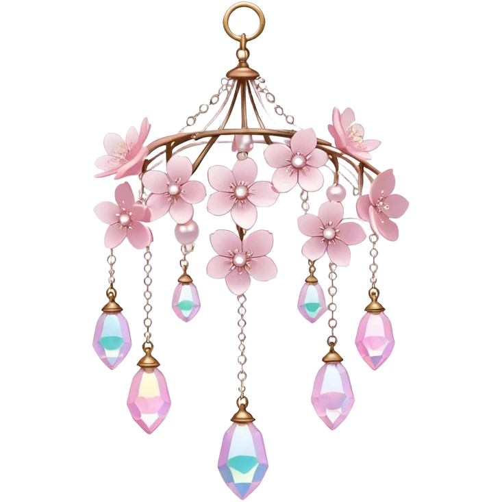 Hanging Iridescent pastel pink sakura crystals white-pearly suncatcher with a tiny bell chandelier emoji