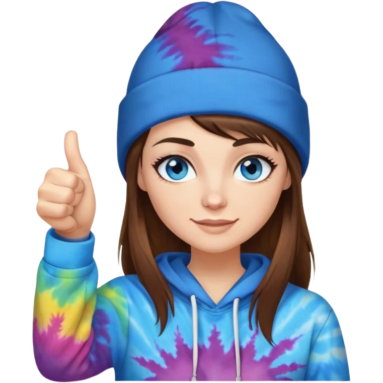 White woman with buzzed brown hair and a side bang on her face under a black beanie. i want her to have blue eyes with long eyelashes and tiedye hoodie. i would like for her to be doing a thumbs up with one hand  emoji