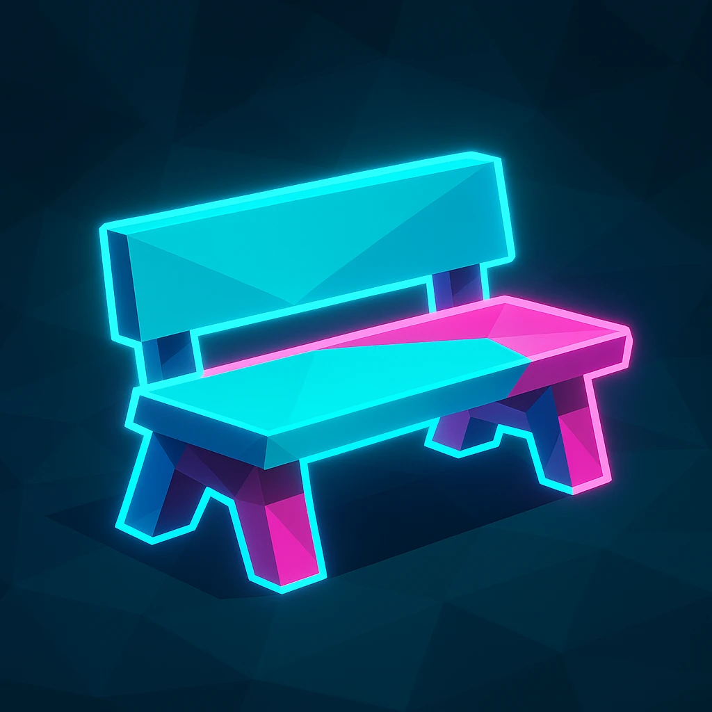 geometric bench inspired by Just Shapes and Beats, bright neon blue and pink, glowing outline, minimalistic and fun emoji