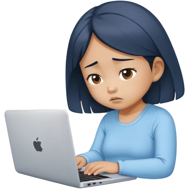 Create an emoji of a tired girl of Asian descent in a baby blue top, sitting at a laptop, looking exhausted and frustrated. They have slouched posture, representing overwork and burnout. emoji