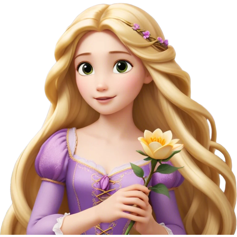 Cinematic Realistic Rapunzel Portrait, with porcelain-like skin featuring a subtle, natural glow, illuminated by soft lighting that brings out the gentle contours of her face. Her long, golden blonde hair cascades in detailed waves, each strand highlighted with a radiant shimmer as it catches the light. She playfully holds a flower in one hand, her other hand resting casually in her lap, with a warm and spirited expression. Her bright, expressive green eyes exude curiosity and warmth, framed by delicate lashes and soft, arched brows. She is dressed in her classic lavender and pink gown, the fabric textured with delicate folds that flow naturally, catching the light with a soft, radiant glow. The portrait captures a luminous, enchanting aura, seamlessly blending realism with a whimsical, fairytale charm, evoking a timeless sense of beauty and magic. emoji