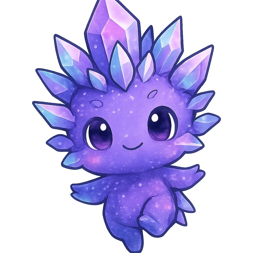 chibi kawaii crystal sprite creature in purple, blue, and pink colors, floating pose, cute and adorable emoji
