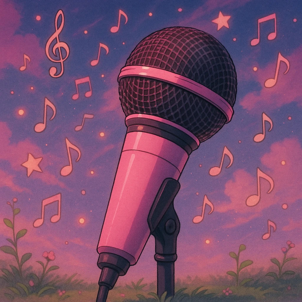 microphone with black and pink accents, dreamy lighting, whimsical and musical, Ghibli style, BLACKPINK inspired emoji