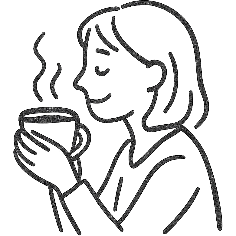 hand-drawn pen sketch emoji of a woman in side view, enjoying coffee, smiling softly, holding a steaming cup with both hands, minimal color or just black lines, simple and casual, relaxed, cozy atmosphere, clear facial expression emoji