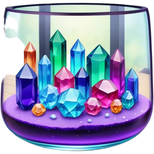 Close-up of vibrant, multicolored crystals growing in a glass container on a wooden table. Crystals in shades of purple, blue, green, pink, and clear are forming in various shapes and sizes. Soft light shines on them. Cozy indoor setting with plants and soft decor in the background. emoji