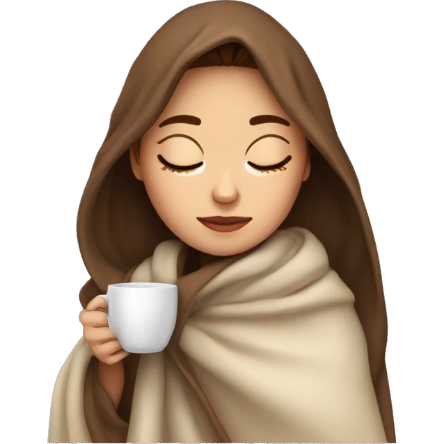 brown-haired girl inside a blanket sipping coffee eyes closed emoji