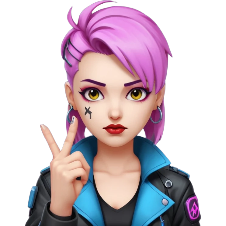 Woman with her tongue out in cyberpunk clothing and giving the middle finger. Looking naughty. emoji