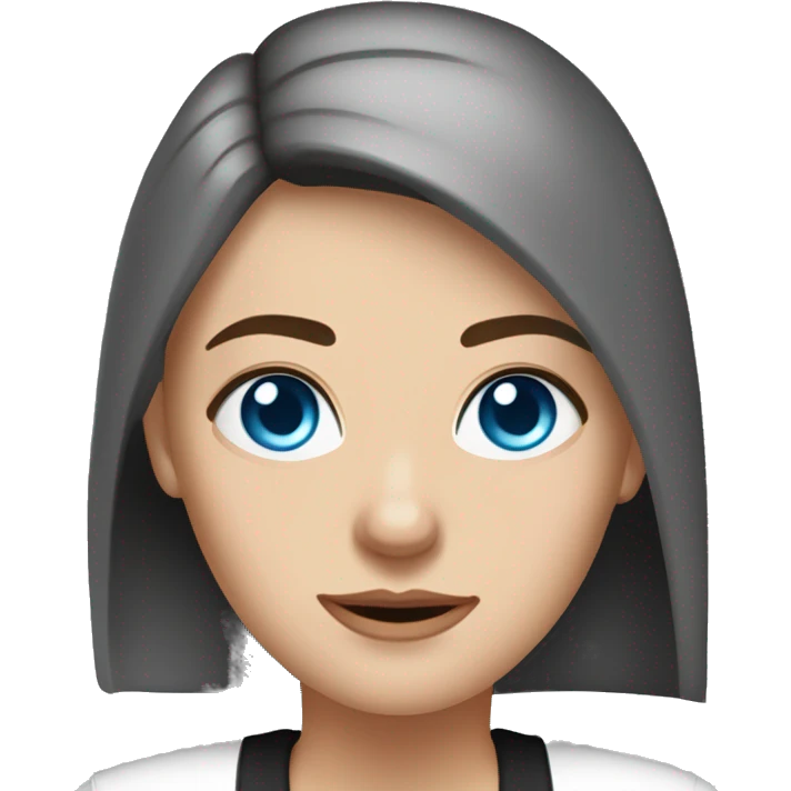 Slavic woman with blue eyes, eyes look up, fair skin, straight gradient medium length hair, eyes makeup, dressed in white T-shirt and office black jacket, one side of hair is tucked behind the ear. emoji