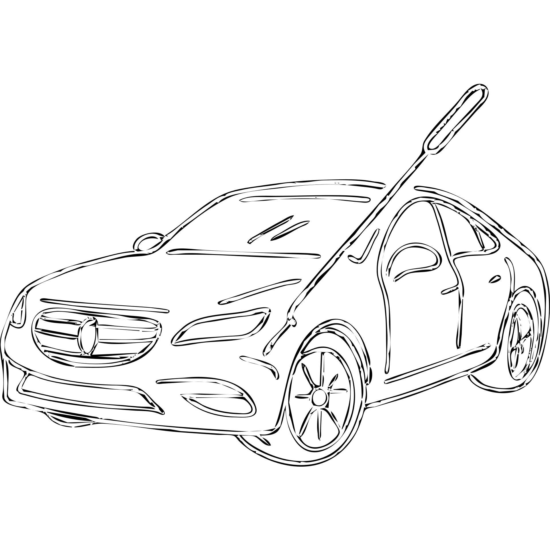 hand-drawn outlined icon of a high-end car with a rod tool touching a dent, matte black, fine silver lines, minimal emoji