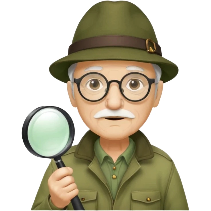 old man in beige moss green explorer outfit, wear black glass, hat, holding magnifying glass emoji