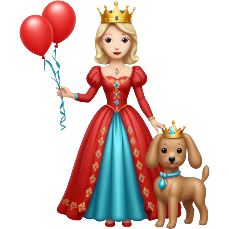 queen wearing dress, holding balloon dog emoji