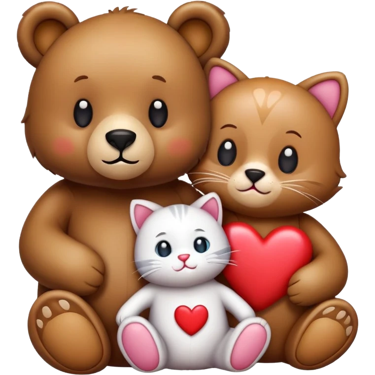a bear and a kitty sitting together with their two cats, hearts above them, emoji style emoji