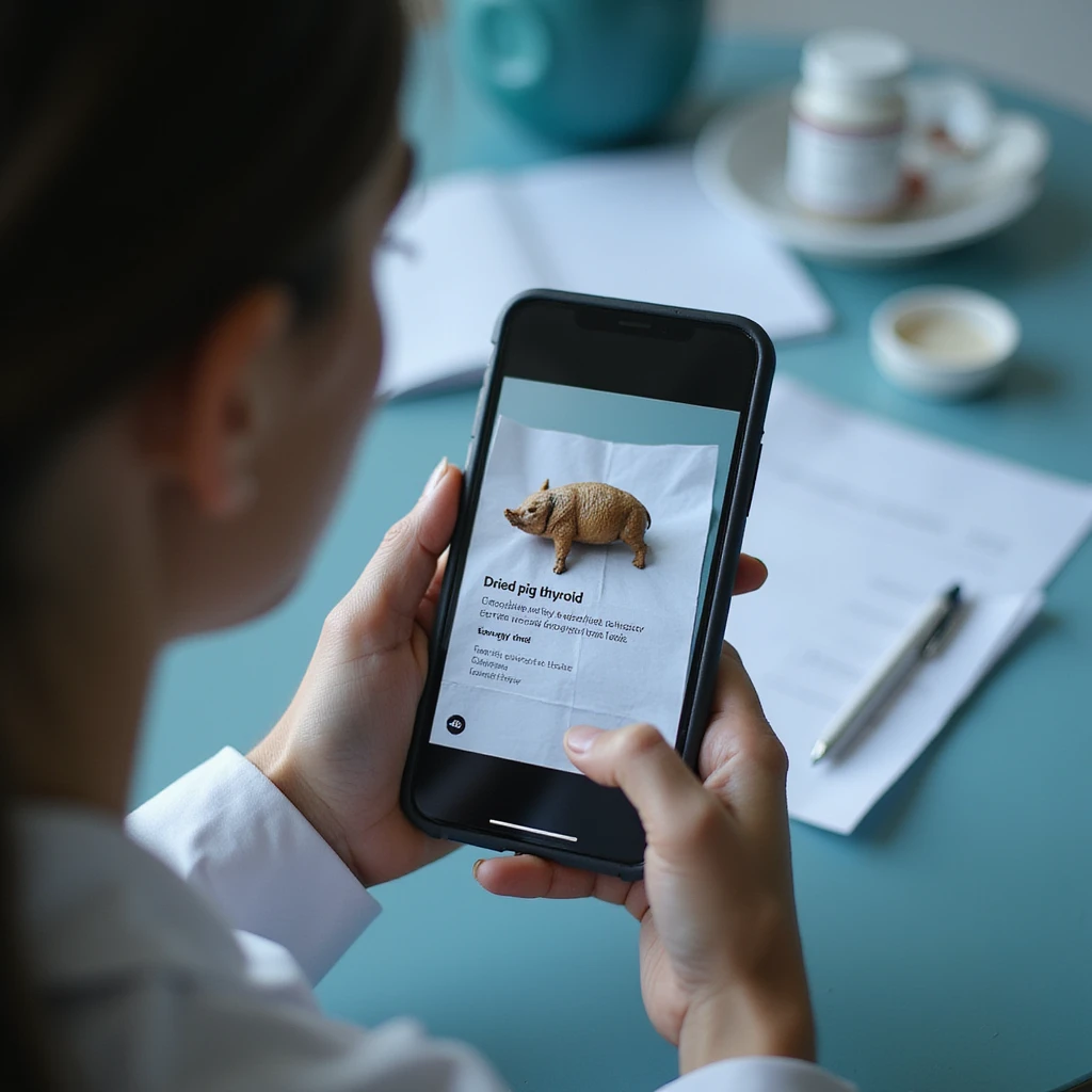 woman photographing the medical prescription with her smartphone, 'Dried pig thyroid' clearly visible on the screen, modern clinical environment, hyperrealistic 4K emoji