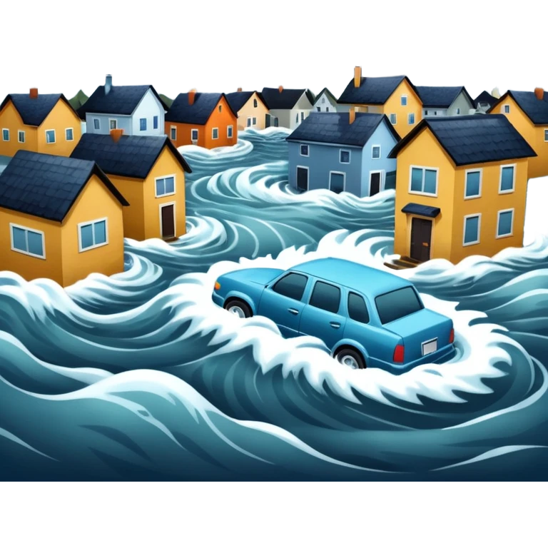 showing a flood disaster scene with strong water waves overflowing streets, partially submerged houses and cars, dark cloudy sky emoji