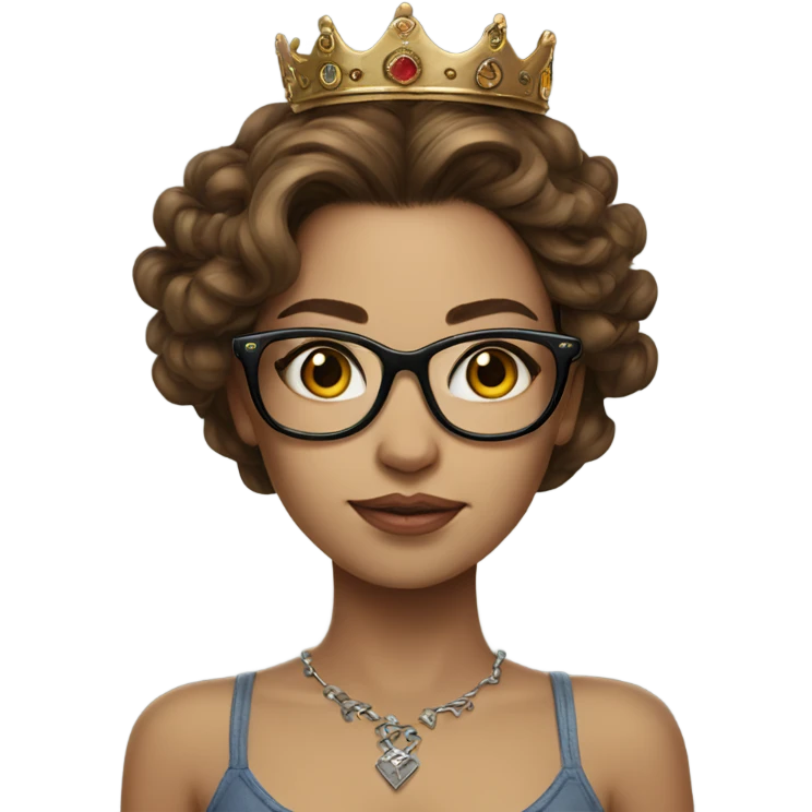 Hyperrealistic beautiful  girl, wearing a crown and glasses with tattoos, with long brown hair  emoji