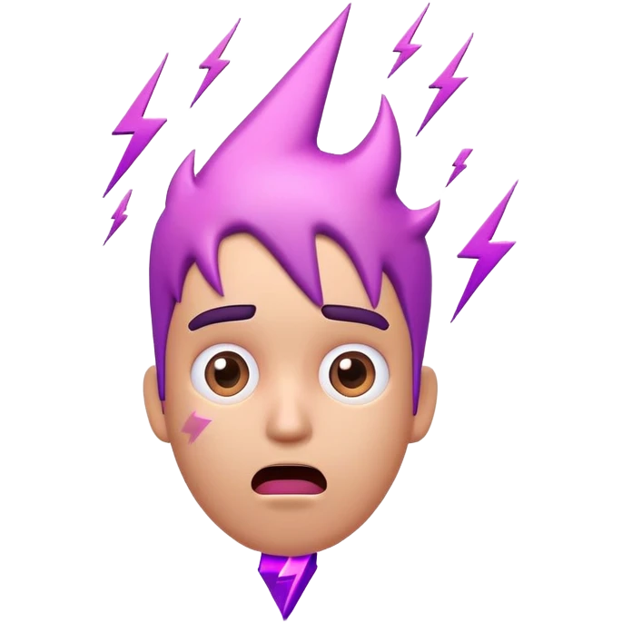 3D emoji of a confused character with lightning bolt and exclamation above head, purple/pink palette, worried face emoji