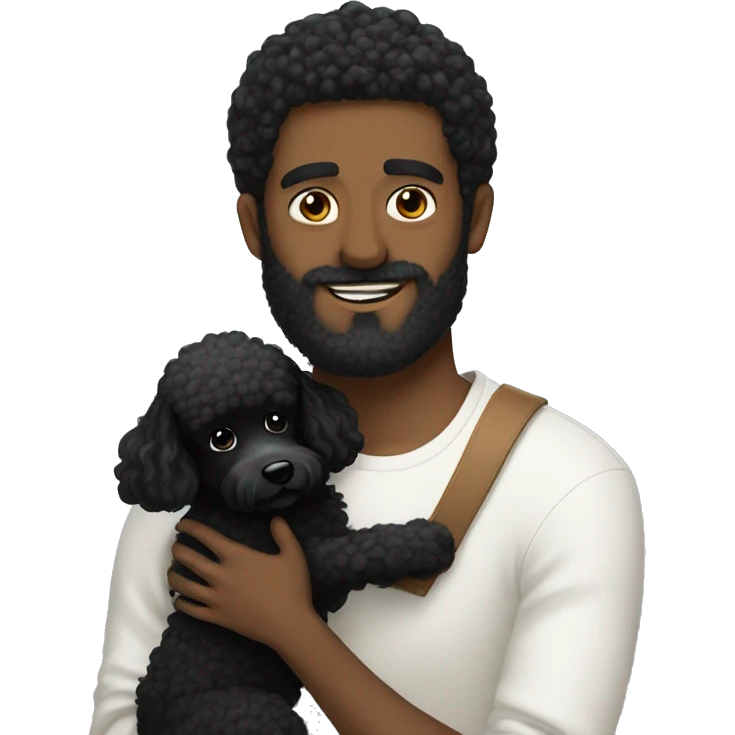 Black-haired and white guy with beard hugs black poodle dog  emoji