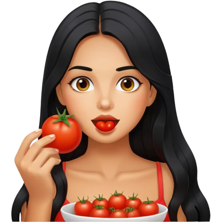 Pretty tanned girl with long black hair, eating tomatoes emoji