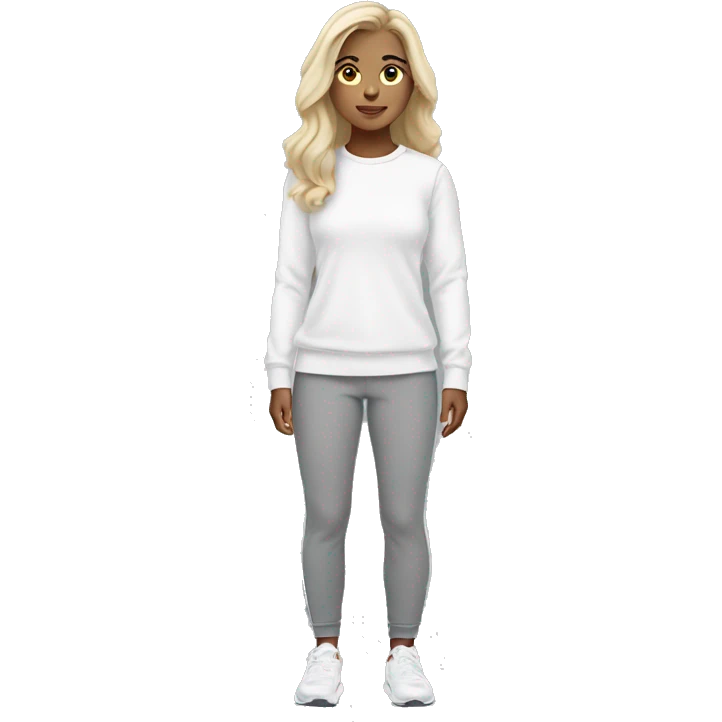 white raced, blonde hair with middle part, girl, long sleeve white lululemon shirt,  grey sweat pants  emoji