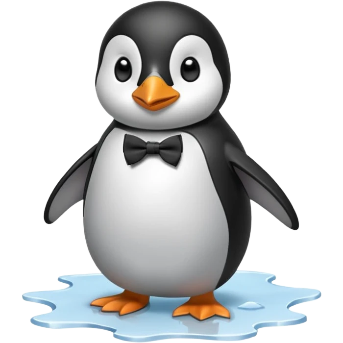 penguin, black bow tie, standing on small ice melting emoji