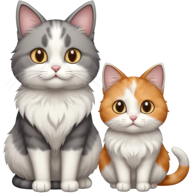 a realistic looking very fluffy grey and white cat sitting next to another cat emoji