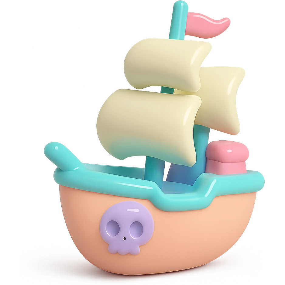cartoon pirate ship with sails, smooth glossy pastel colors, designer toy aesthetic, vinyl figure style emoji